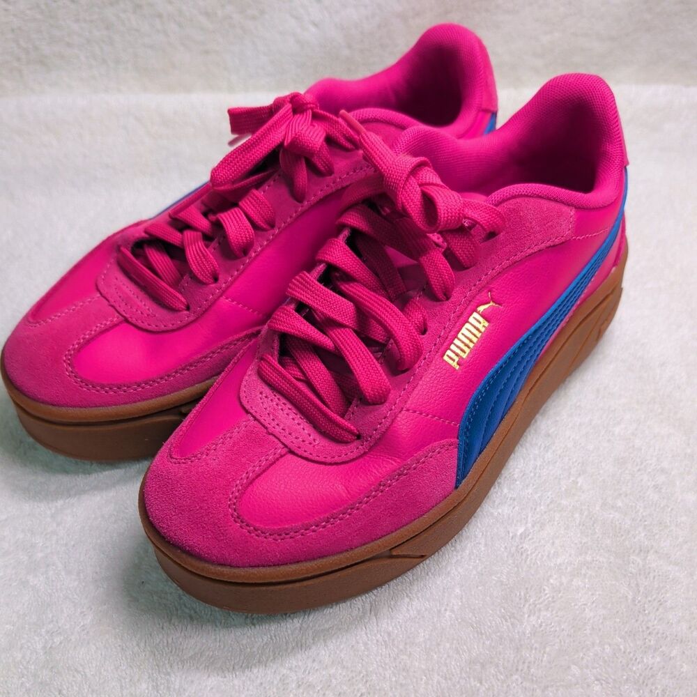 Puma Club II Era Platform Shoes Women 8.5 Pink Blue Suede Leather Gum Sole